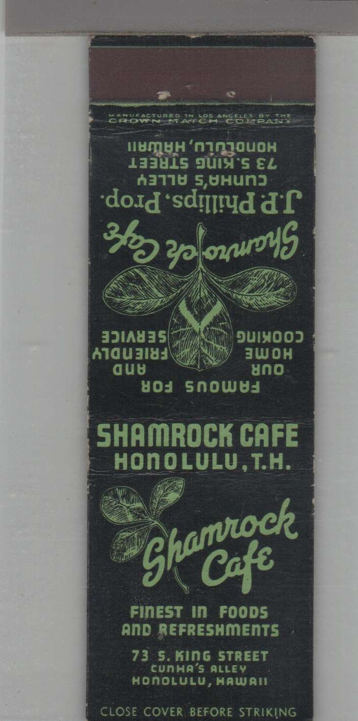 Matchbook Cover - Territory of Hawaii Shamrock Café Honolulu, HI