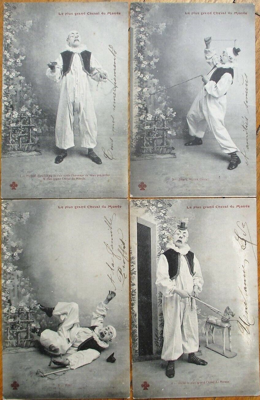 Clown w/Toy Horse 1904 SET OF FOUR French Fantasy Postcards: Cheval du Monde