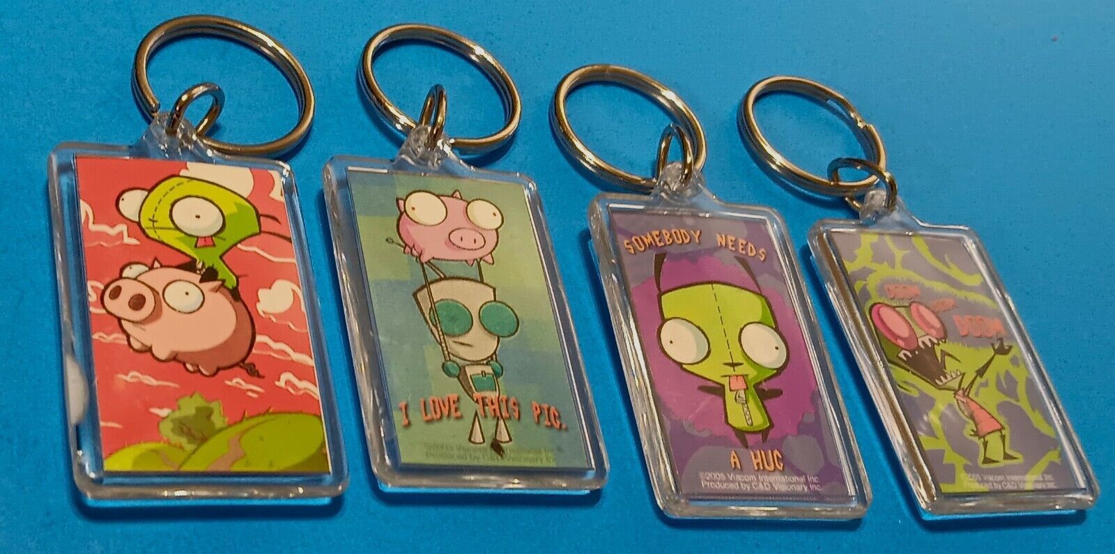 VINTAGE INVADER ZIM 2 SIDED CLEAR ACRYLIC KEYCHAIN LOT (4) NEW NOS RARE SCARCE