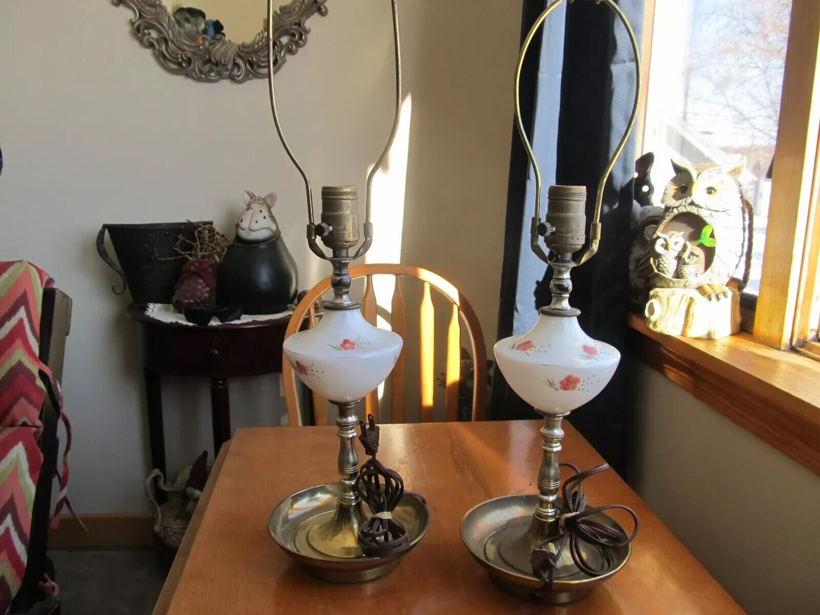 2 Vintage Brass and Floral Glass Lamps