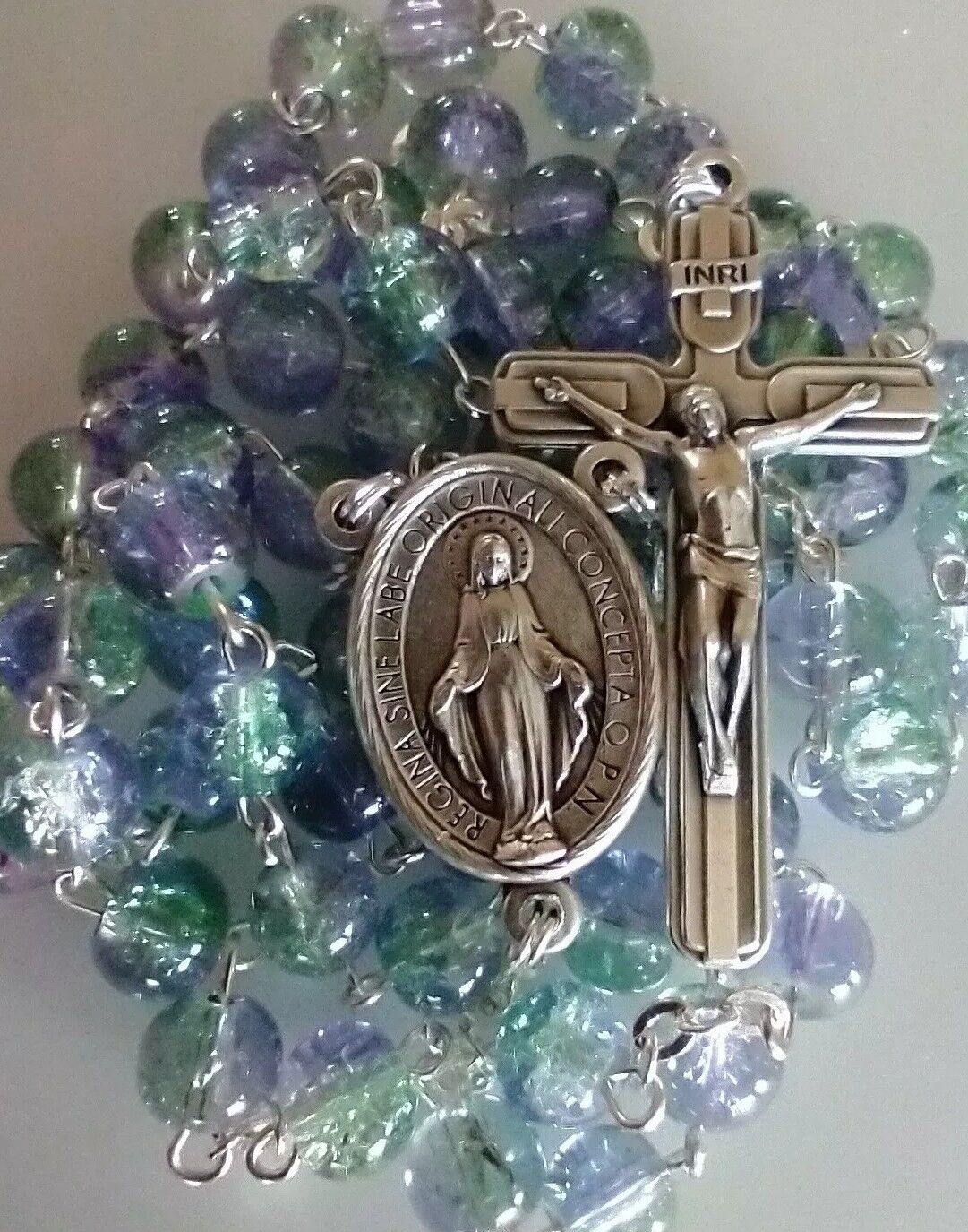 Beautiful Catholic Blue Purple Green Crackle Glass Rosary 