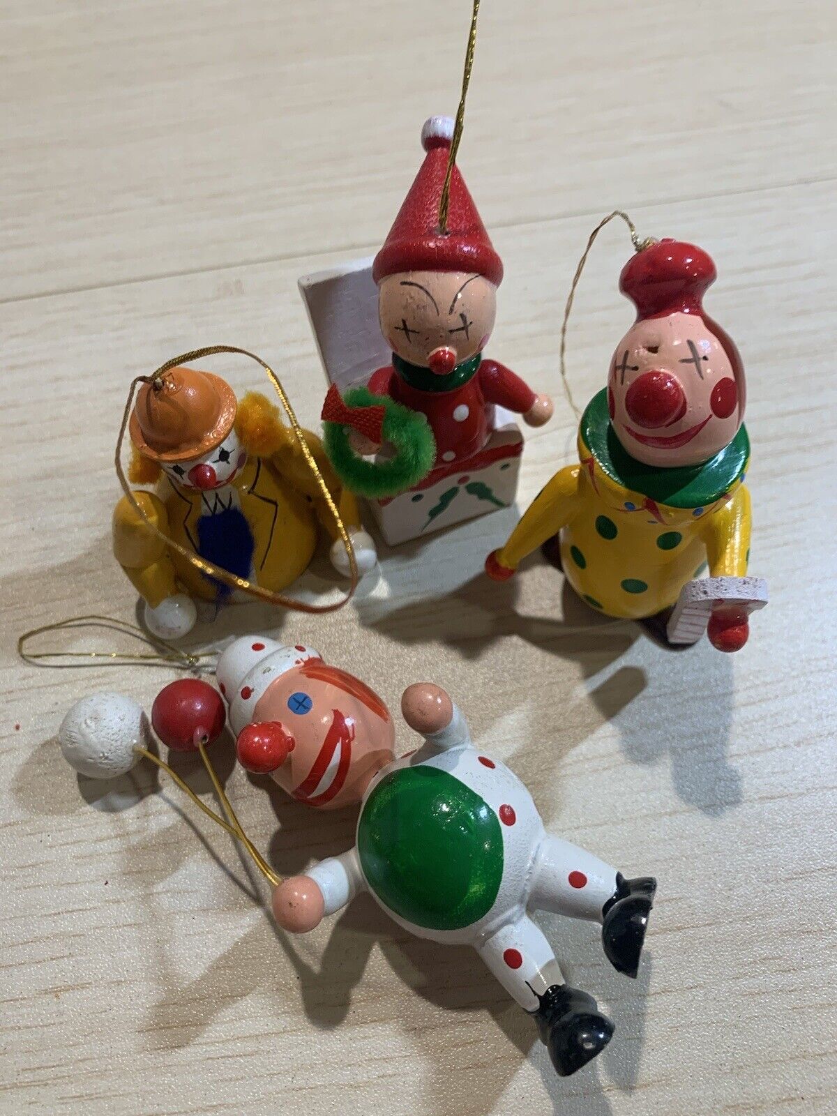Vintage MCM Lot Of 4 Wooden Clown Christmas Ornaments Circus Acrobat Dead Eyes