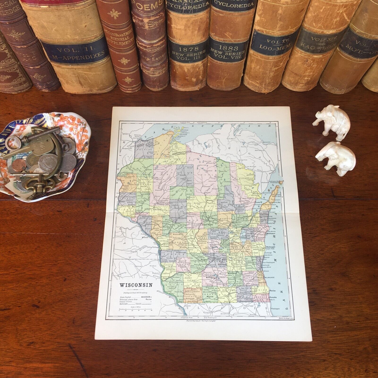 Original 1885 Antique Map WISCONSIN Madison Kenosha Waukesha Appleton Green Bay