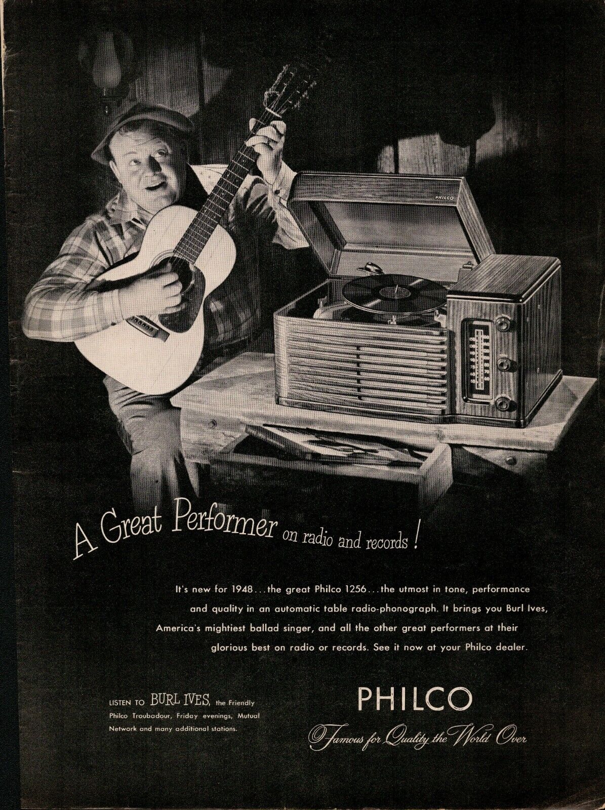1947 PRINT AD ~ BURL IVES PHILCO RADIO TIME SHOW Record Player & Radio