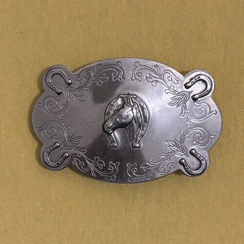 Vintage Silver Metal Horseshoe Around Horse Head Belt Buckle