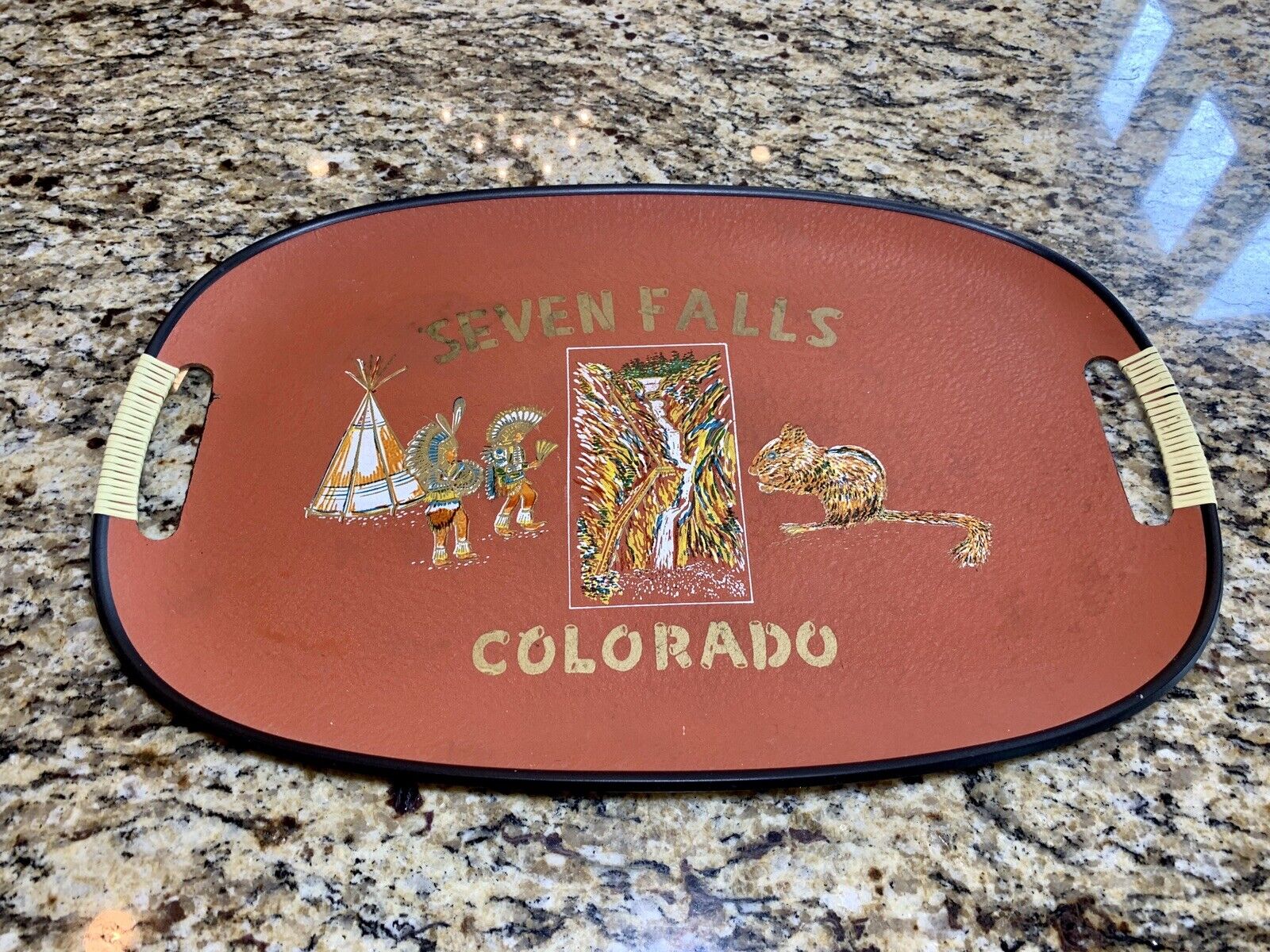 Vintage Seven Falls Colorado Souvenir Drink Tray Native American Indian Squirrel