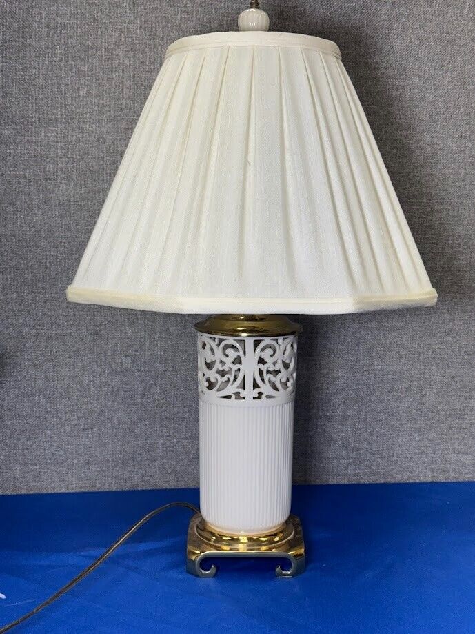 Vintage Lenox Table Lamp in Cream & Gold - Reticulated China and Brass Light