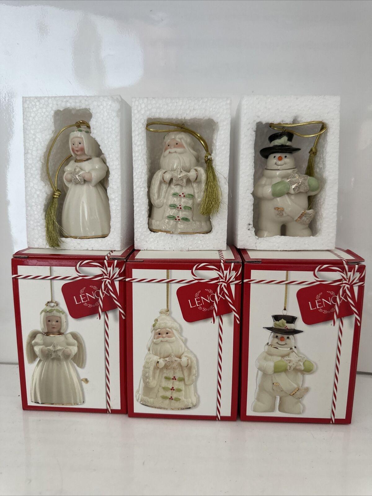 Lenox Lot Of 3 Ornaments Holiday Cheer Angel, Snowman & Santa New In Box