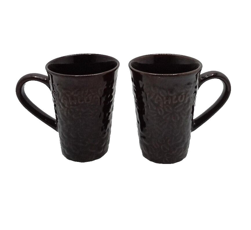 2 Kahlua Textured Tall Coffee Mugs Tiki Hawaii Brown Coffee Beans Vintage LOGO 