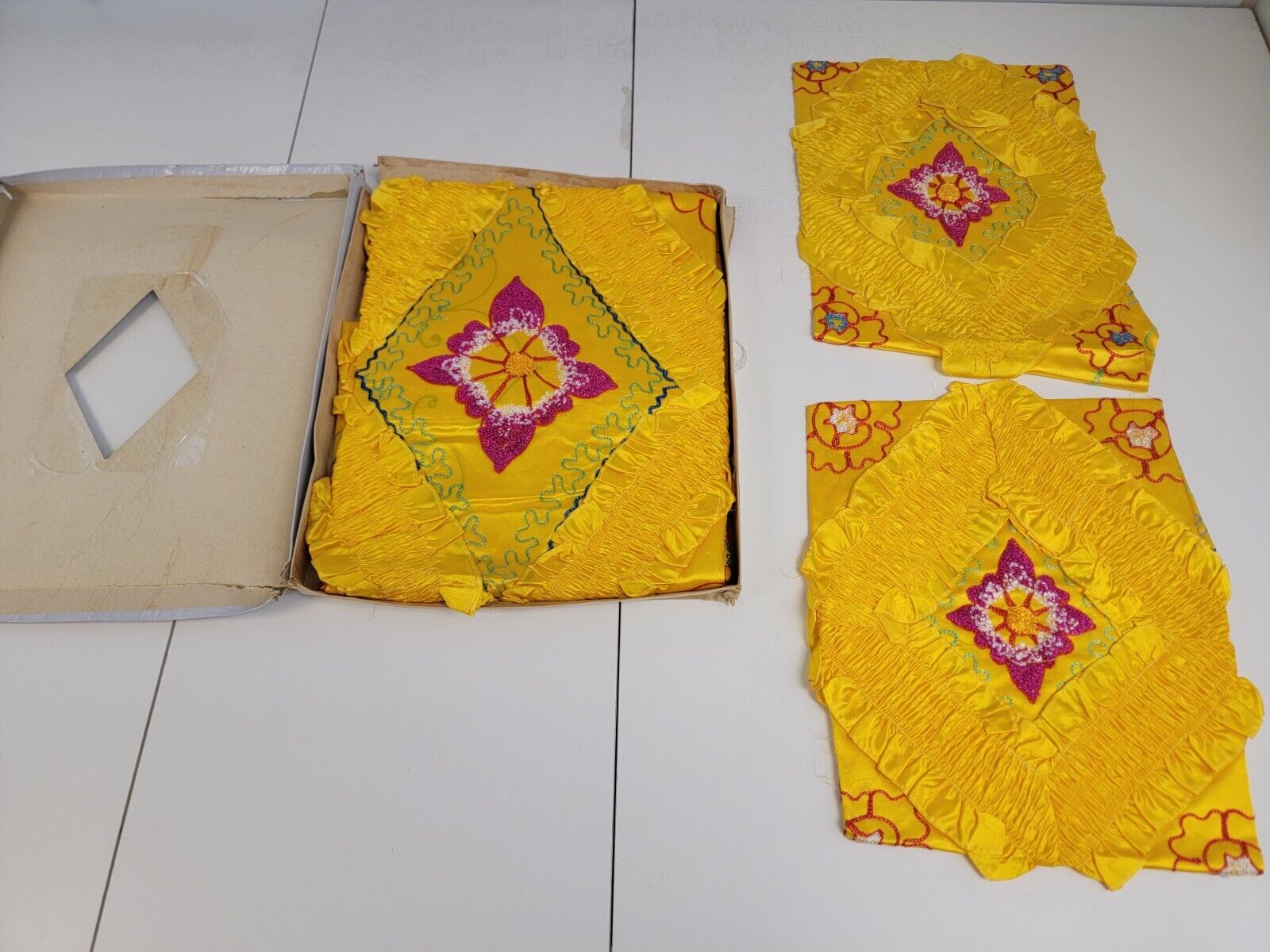 Vintage 1940's Japanese Japan Yellow Floral Silk bed spread and pillow shams NEW
