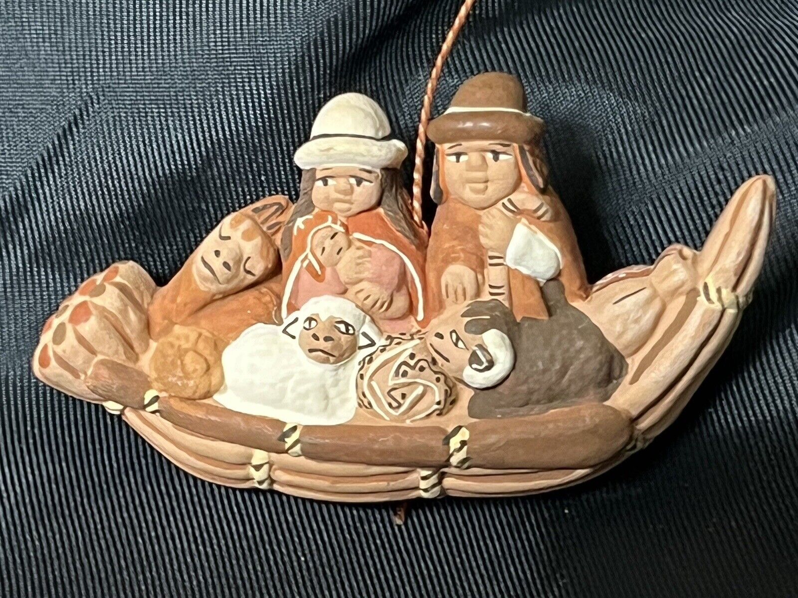 Peruvian Nativity Set Ornament Clay Hand Painted Miniature W/ Llama on Reed Boat