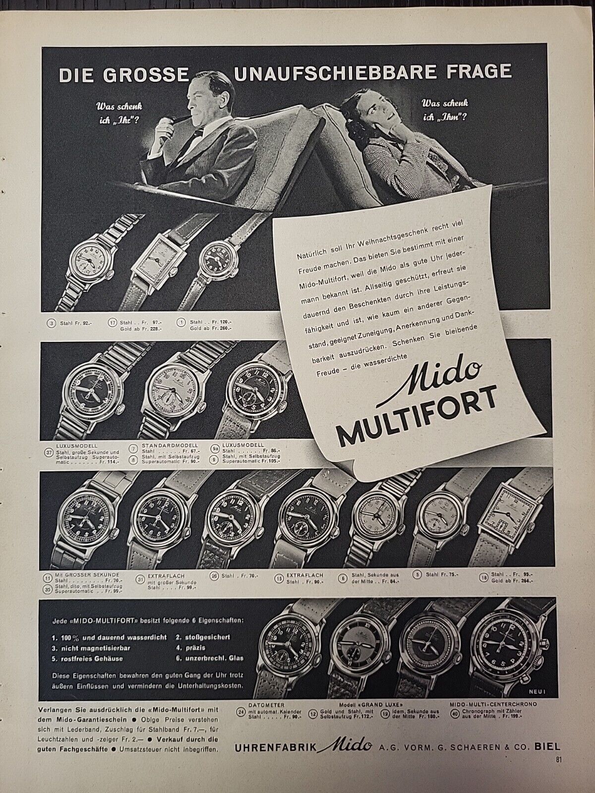 Mido Multifort Swiss Watches 1944 Print Ad Du World War 2 Luxury German WW2