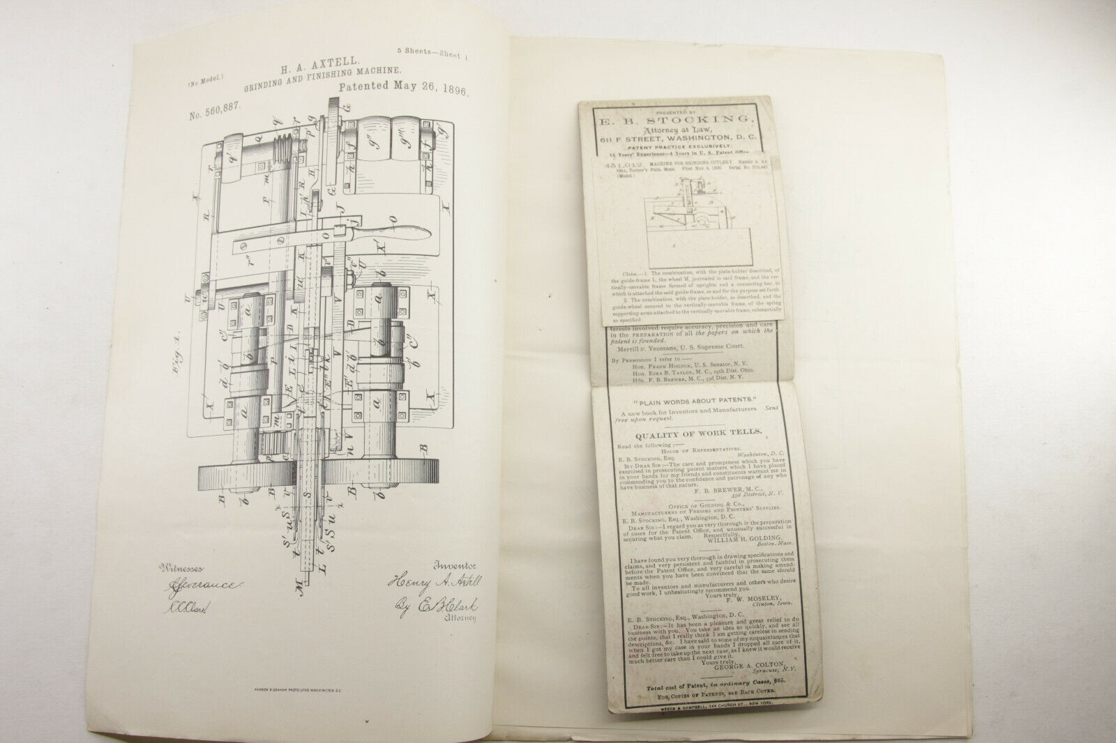 Axtell Grinding Finishing Machine Patent c.1900 Vintage Copy Ephemera P1043B