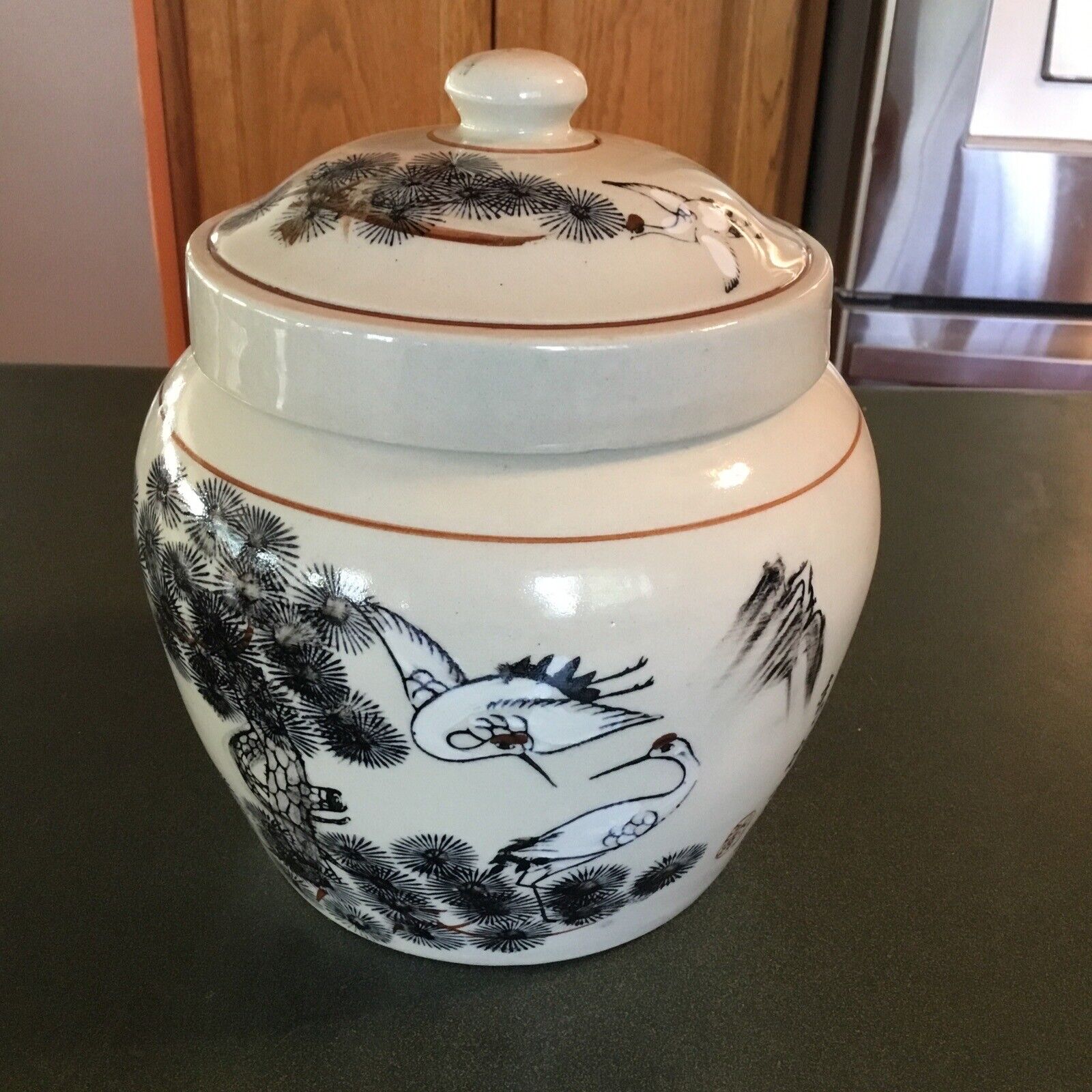 Asian Chinese or Japanese Cranes Birds Landscape 7by8 Stoneware Crock Jardeniere