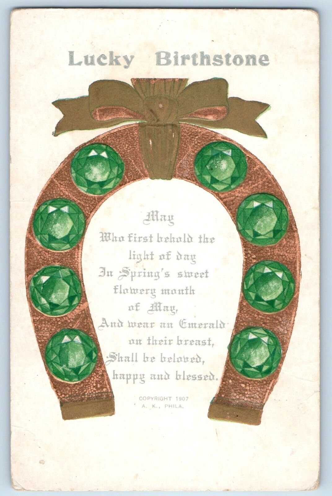 Lucky Birthstone Postcard Horseshoe Embossed A K Phila c1910's Unposted Antique