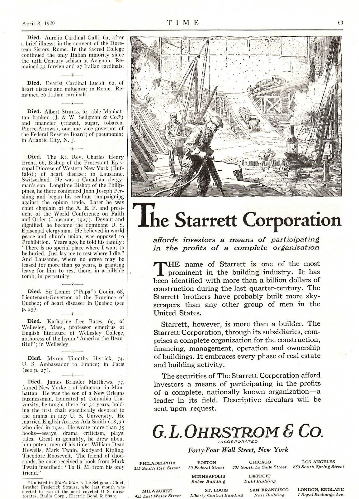 1929 Print Ad G.L. Ohrstrom The Starret Corporation Affords Investors Illus