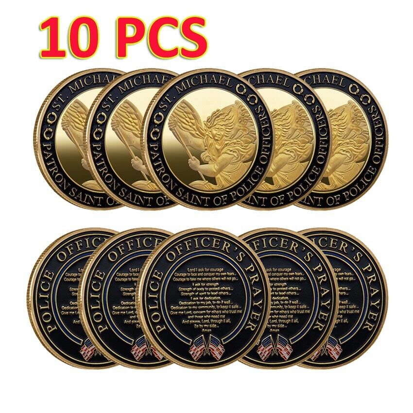 10PCS St. Michael Law Enforcement Police Officer Prayer Gold Challenge Coin