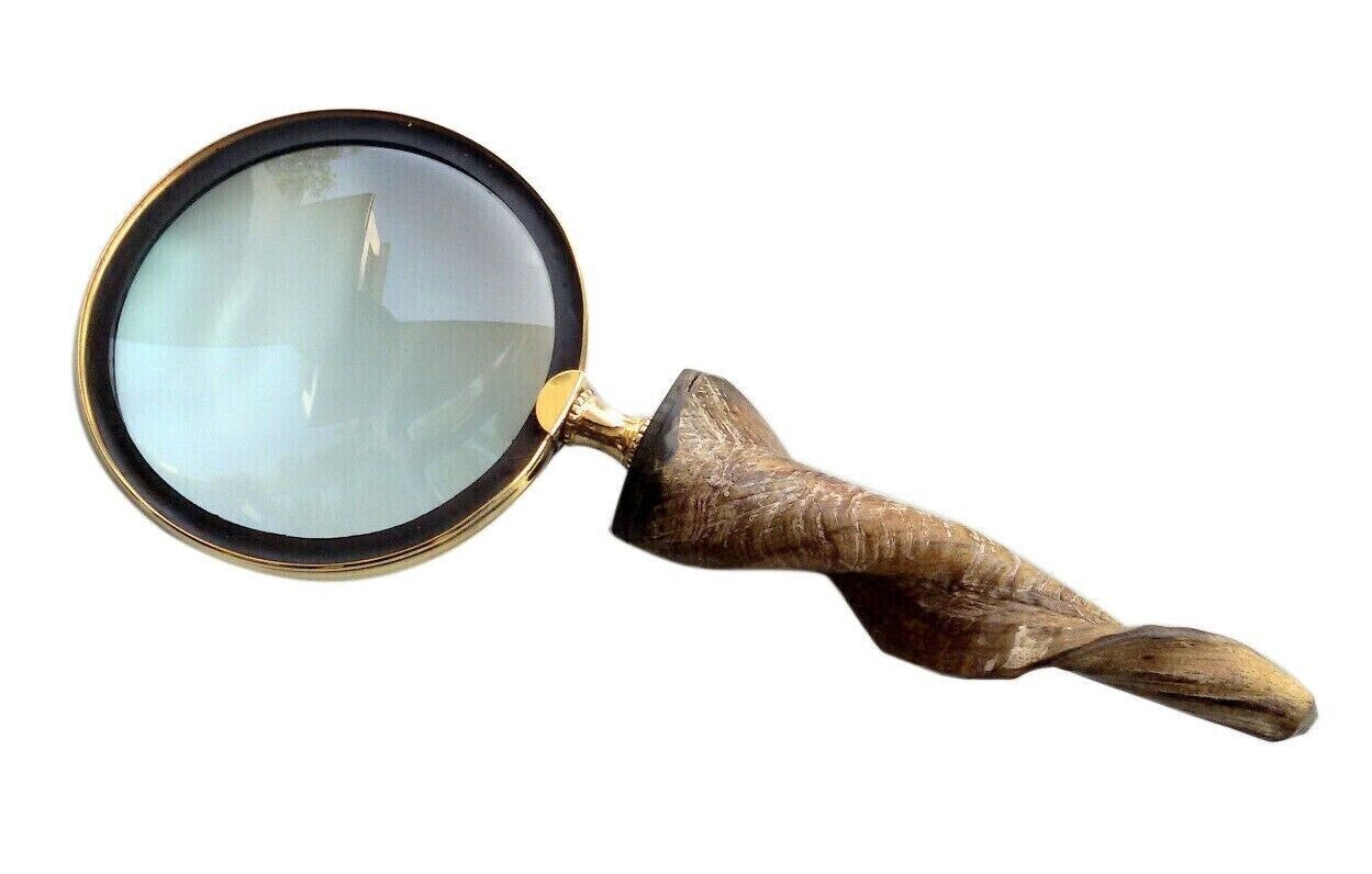 Antique Magnifying Glass Brass Magnifier Goat Horn Handle Reading Inspection