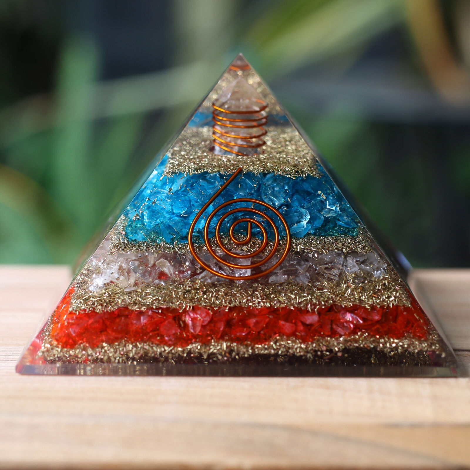 Red, Clear Quartz & Blue Layered Orgone Pyramid XXL 90mm Flower of Life EMF & 5G
