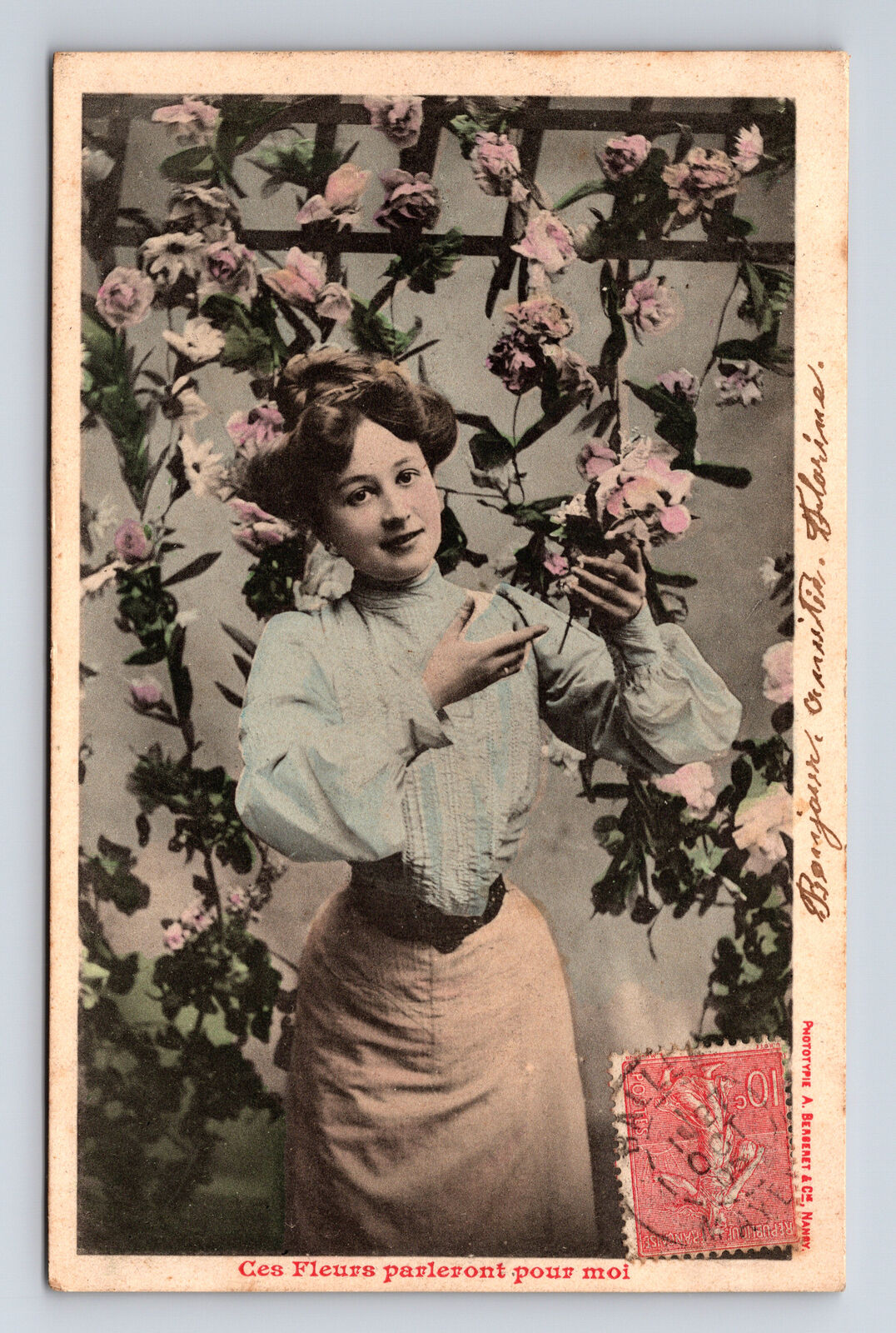 c1905 French Woman Small Waist Flowers Albert Bergeret PHOTOTYPIE Postcard