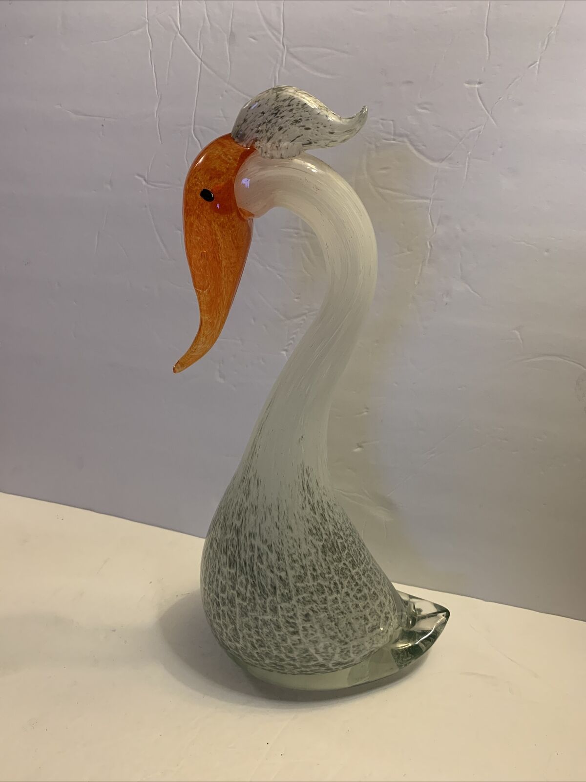 Swan Bird Vintage Large Art Glass White Clear Gray & Orange 15.5” Tall