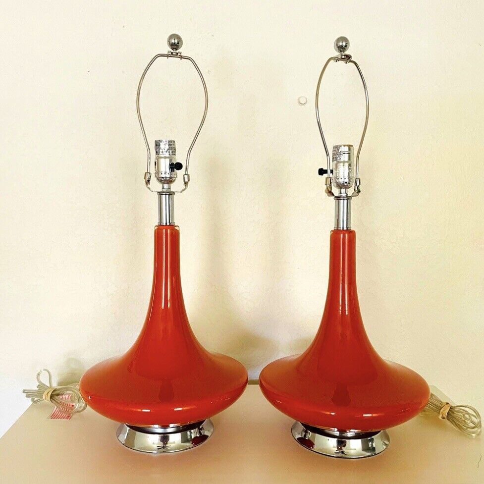 Pair of Retro Orange Glass Chrome 25” Table Lamps~NO SHADES