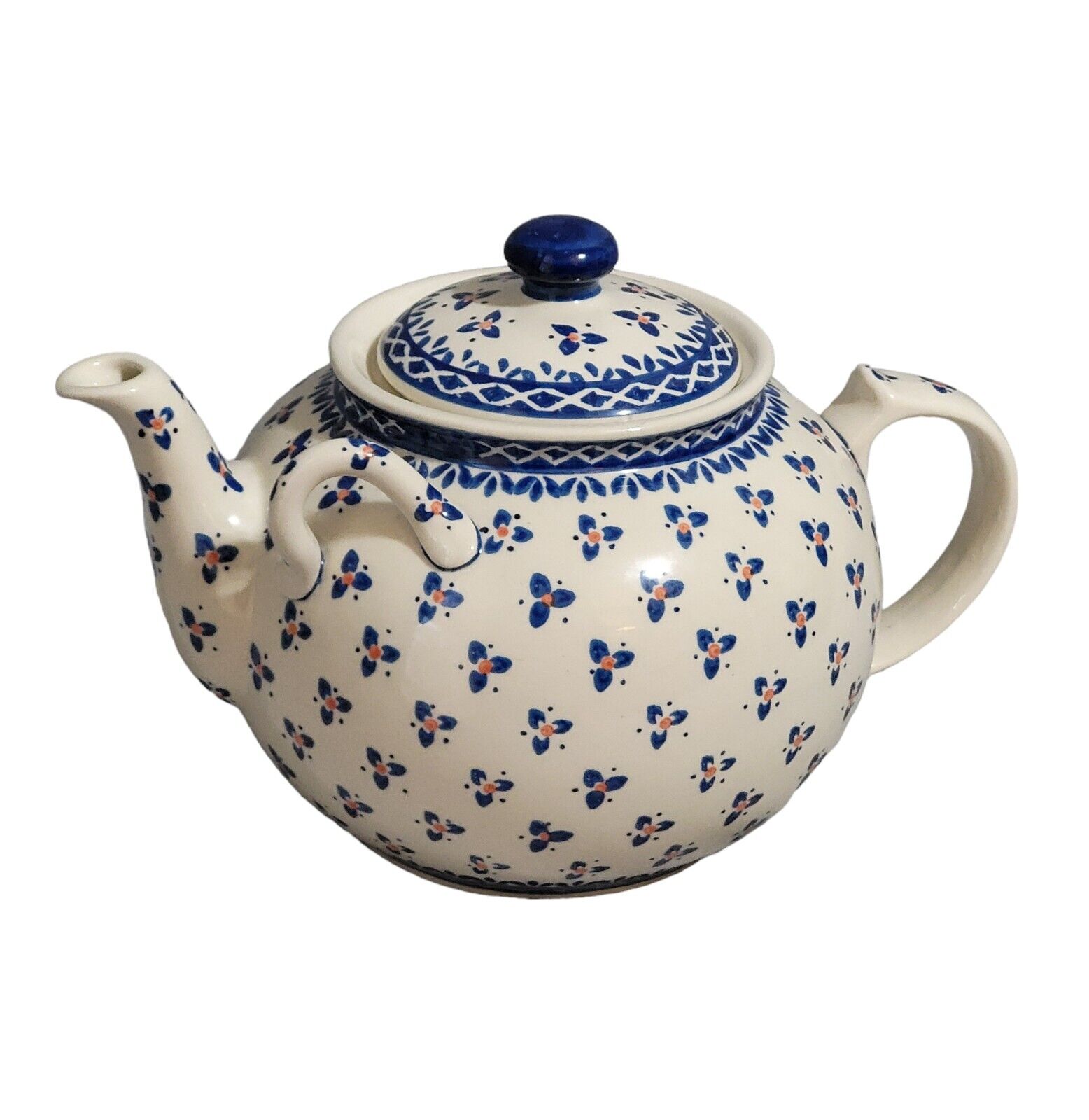 Polish Pottery Wiza Boleslawiec Teapot Double Handle Blue Floral Poland 72 Ounce