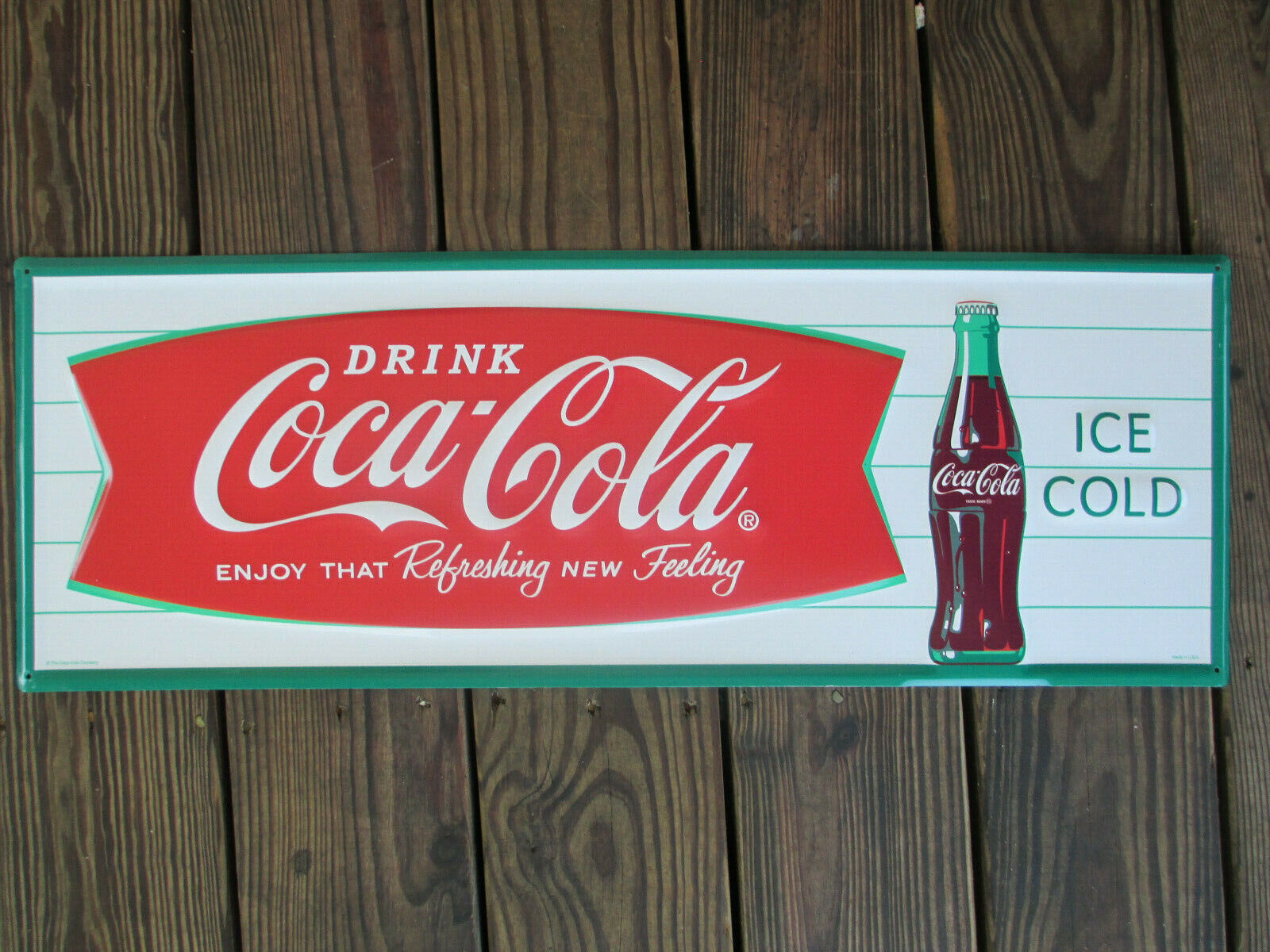 Coca-Cola Steel Retro Advertising Sign Arciform Fishtail Horizontal with Bottle
