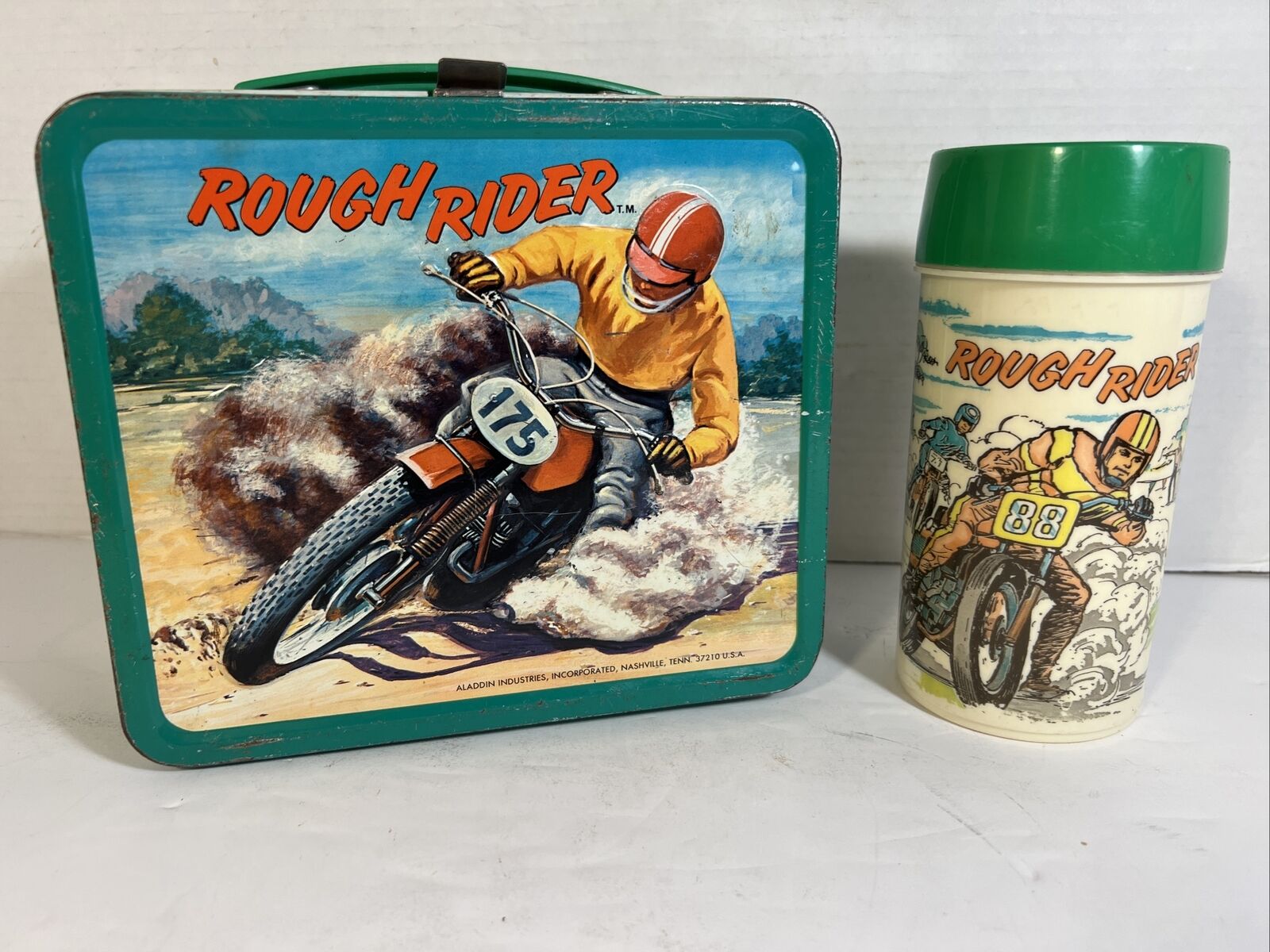 1973 Rough Rider Motorcycle Bike Race Aladdin Metal Lunchbox With Thermos