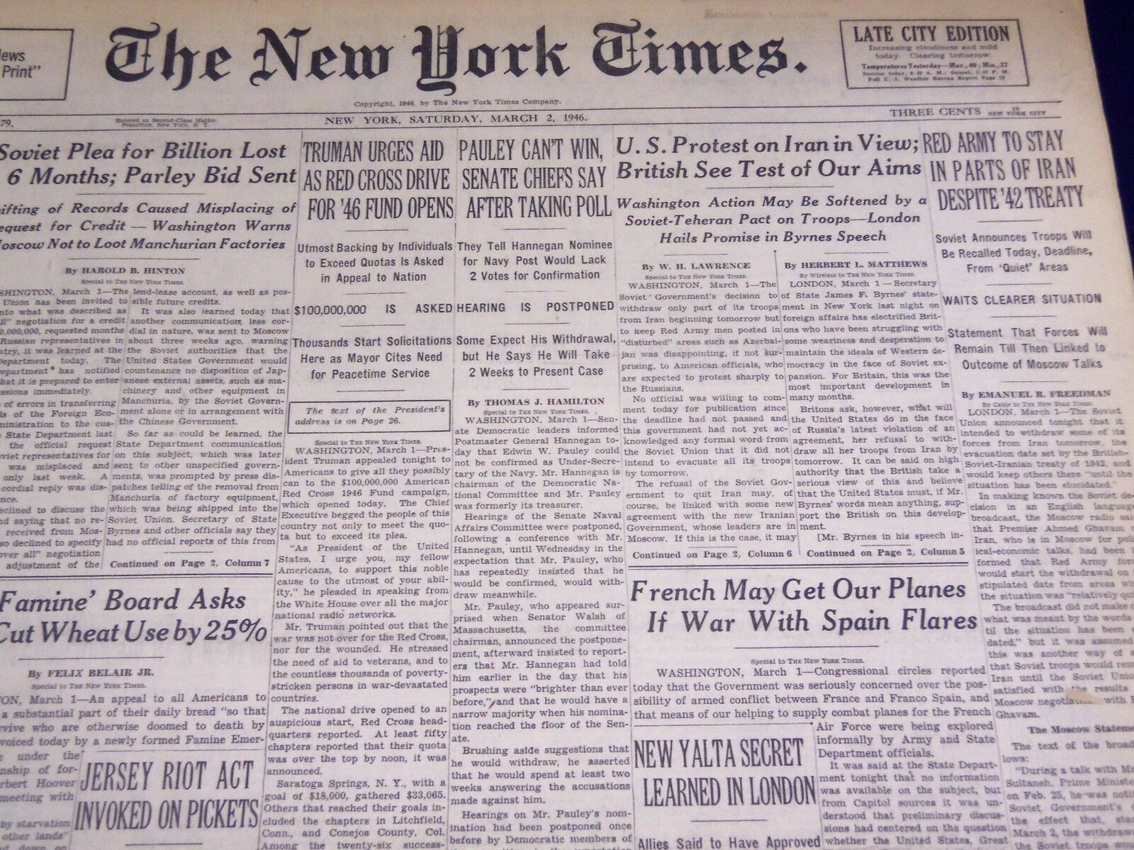 1946 MARCH 2 NEW YORK TIMES - RED ARMY TO STAY IN IRAN - NT 2712