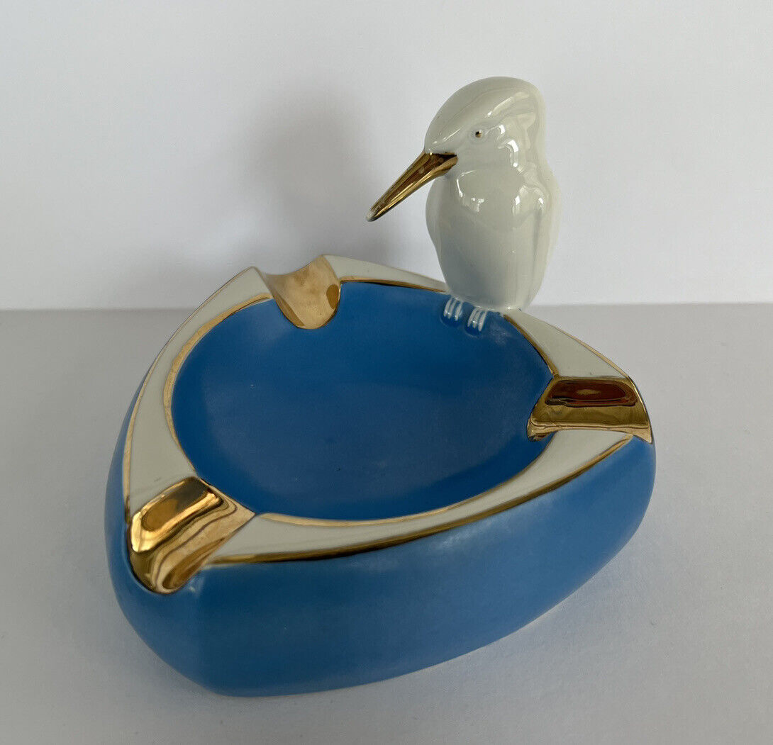Vtg Bird Triangle Ashtray Blue Gold Porcelain Germany Trinket Dish Kingfisher