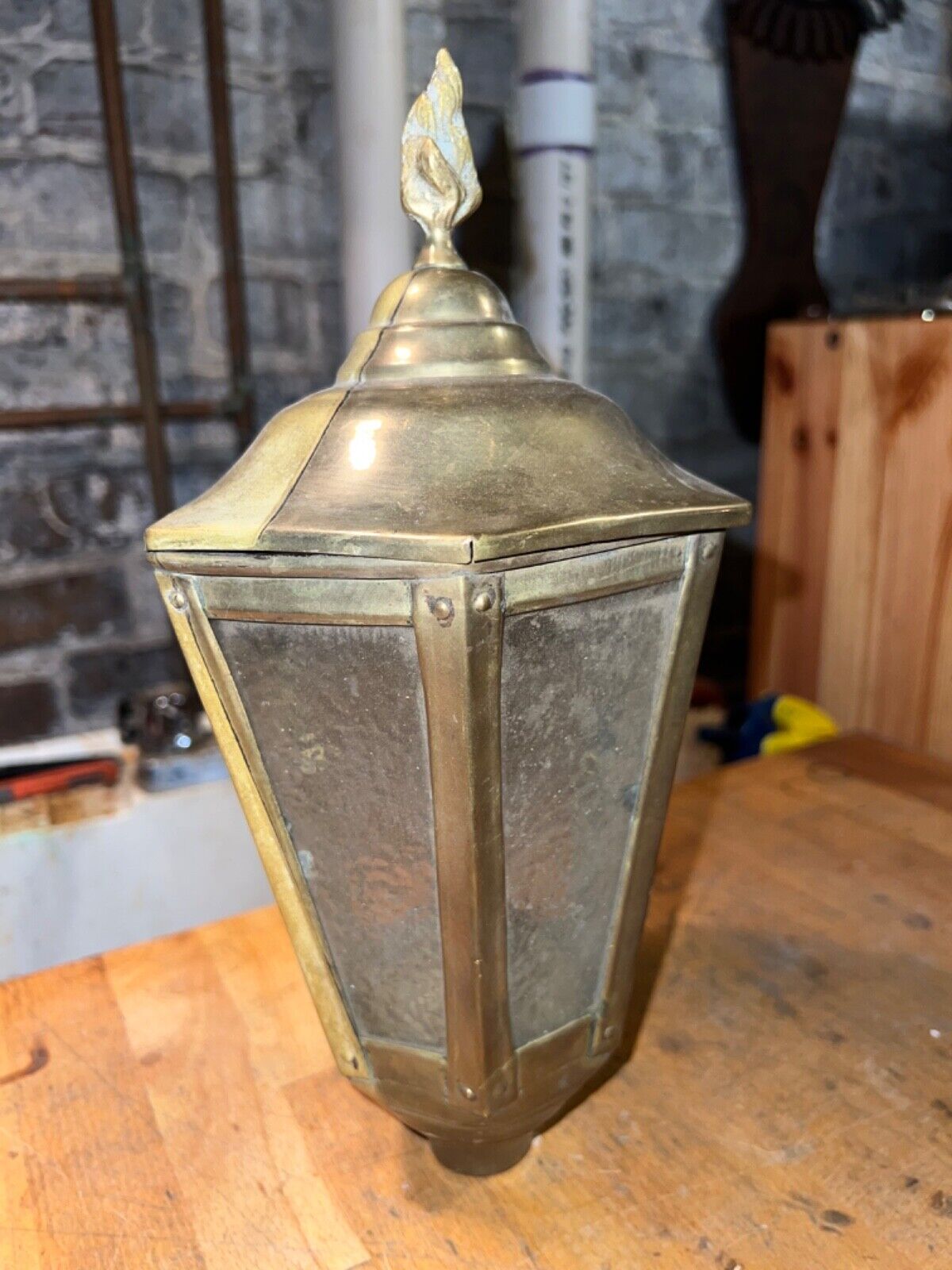 1890s Antique Brass Hexagon Lantern Style Lamp Wavy Glass French