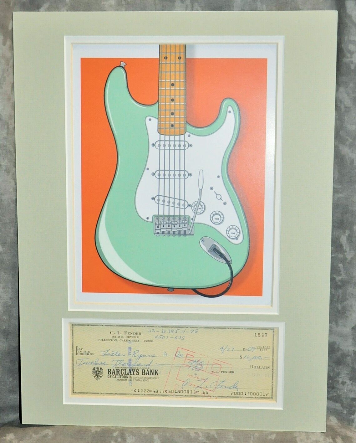 Leo Fender Signed Autographed 1969 Business Check w/ Surf Green Strat Art Print