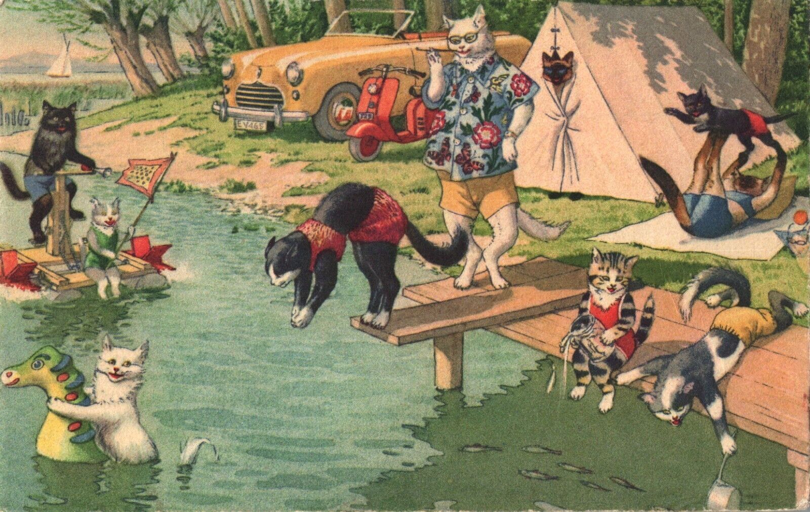Alfred Mainzer Anthropomorphic Cats at Beach Diving Off Board at Camp Postcard