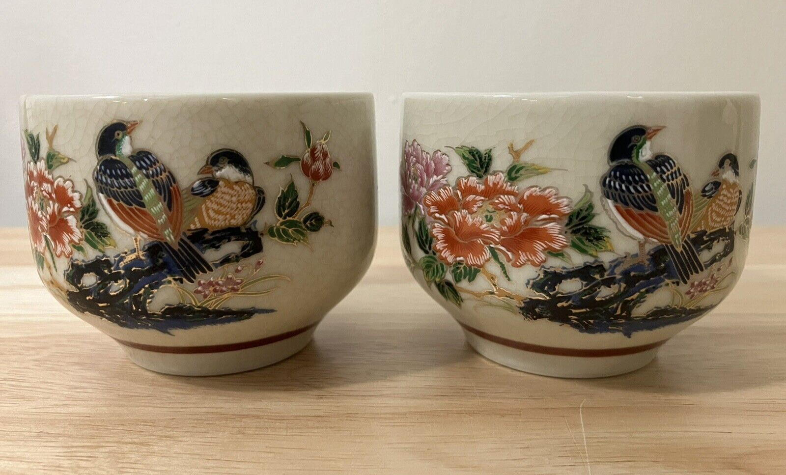 Vintage Sato Gordon Japanese Porcelain Teacups Floral and Bird Design Set of 2