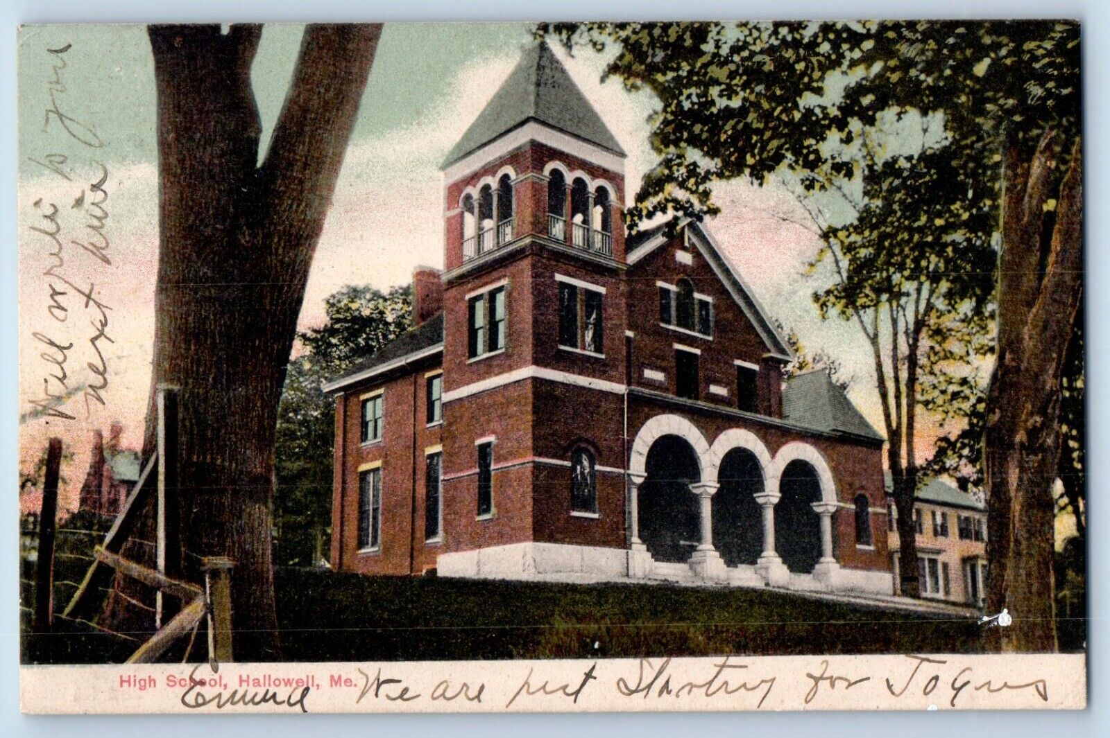 Hallowell Maine ME Postcard High School Trees Building Exterior View 1905 Posted