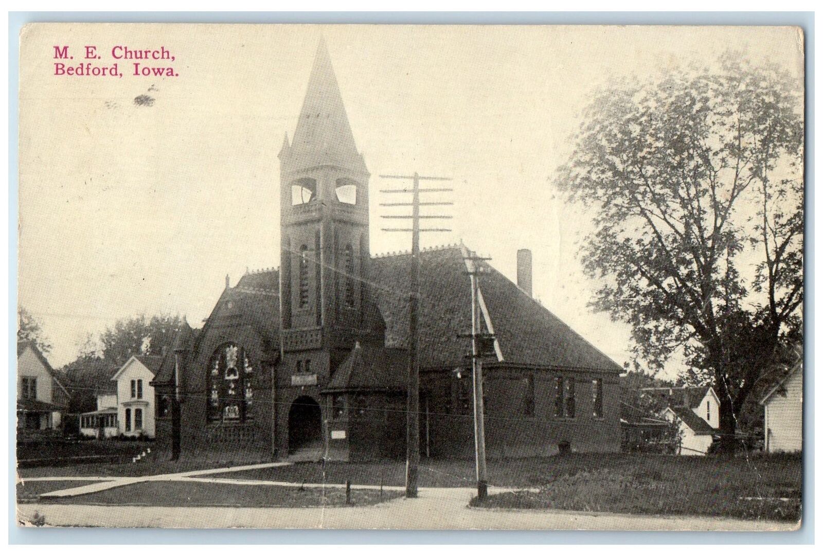 1913 Methodist Episcopal Church Exterior Roadside Bedford Iowa IA Trees Postcard