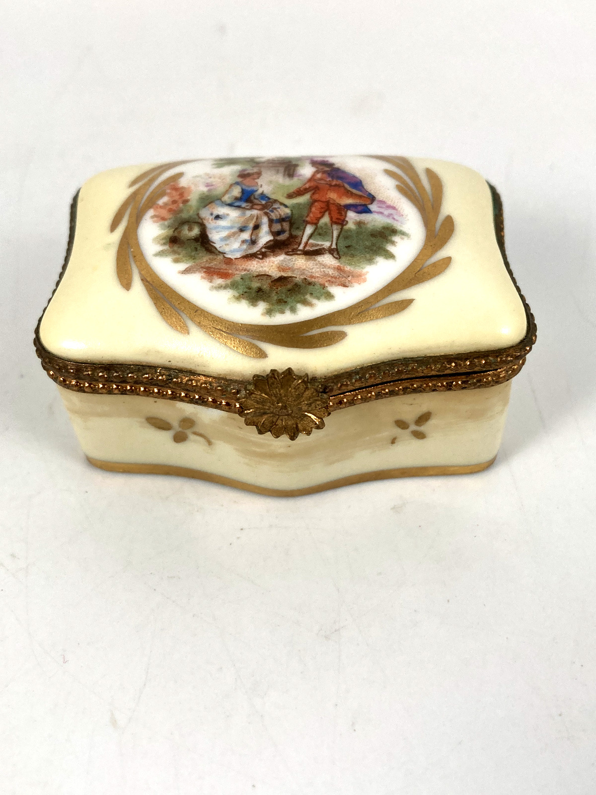 MADE IN FRANCE YELLOW PORCELAIN HAND PAINTED MARKED TRINKET PILL BOX