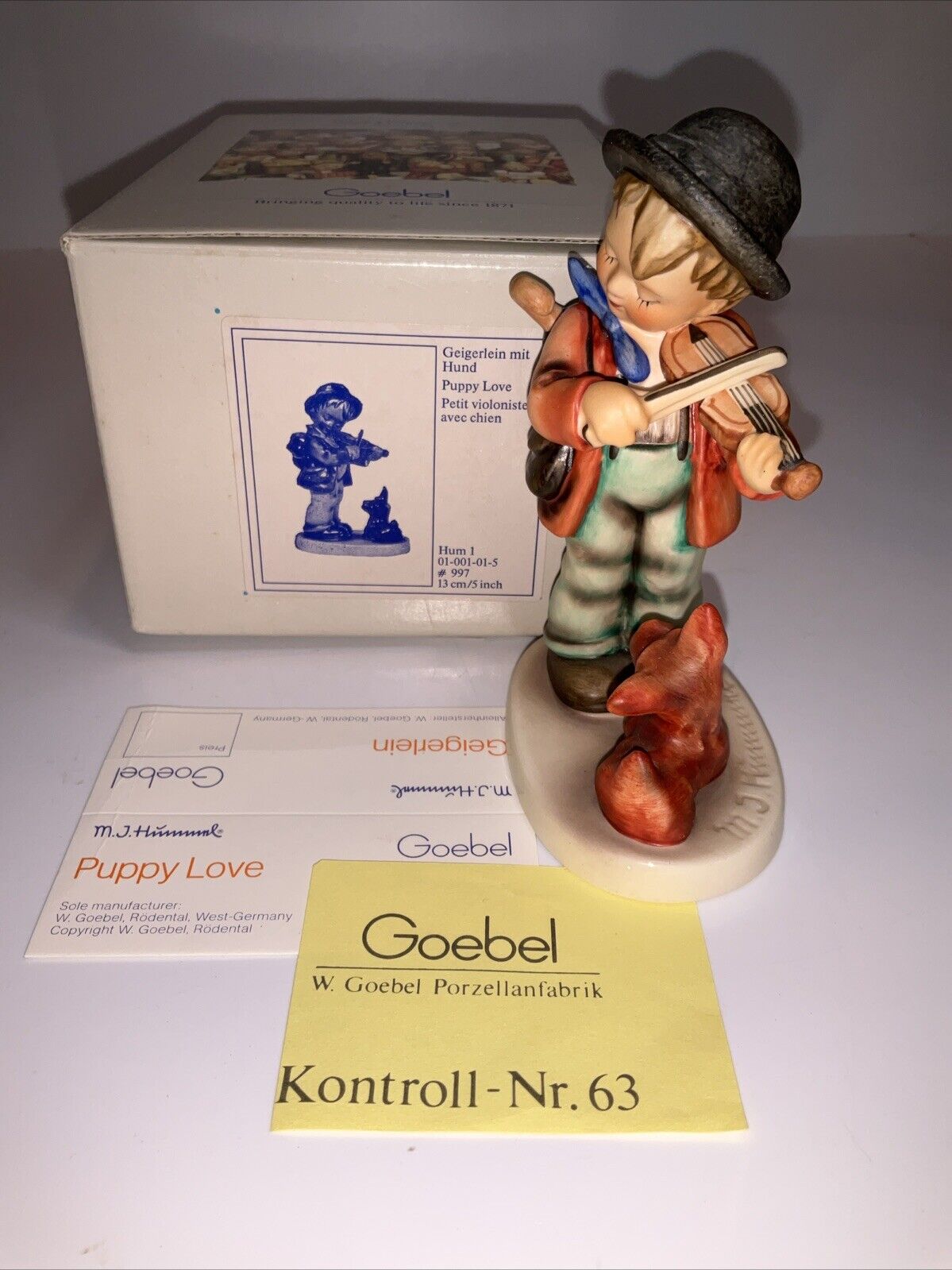 Vintage Hummel Goebel PUPPY LOVE Boy playing Violin W GERMANY W/BOX COA