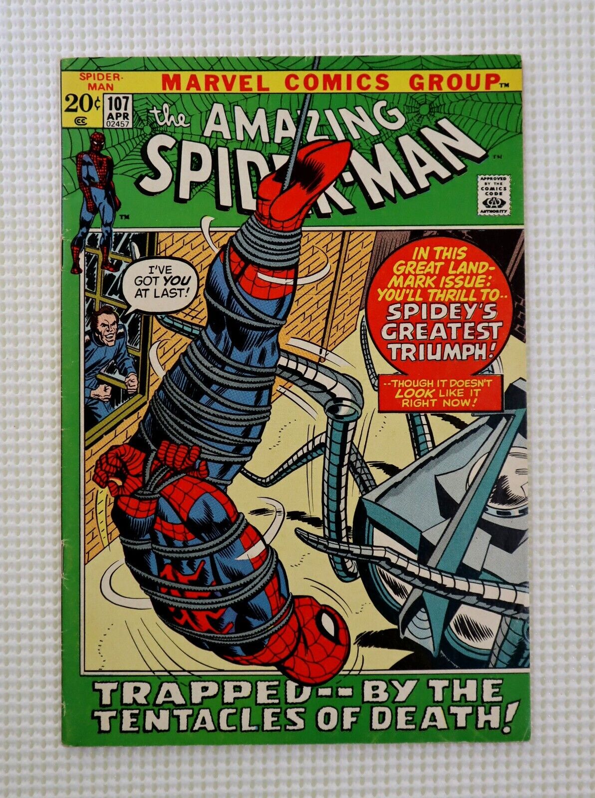 1972 The Amazing Spider-Man 107, Marvel Comics 4/72: Spider-Slayer,20-cent cover