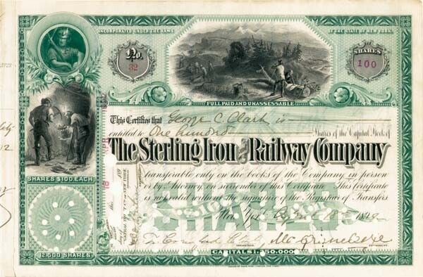 E. H. Harriman transferred Sterling Iron and Railway Co. - Stock Certificate - A