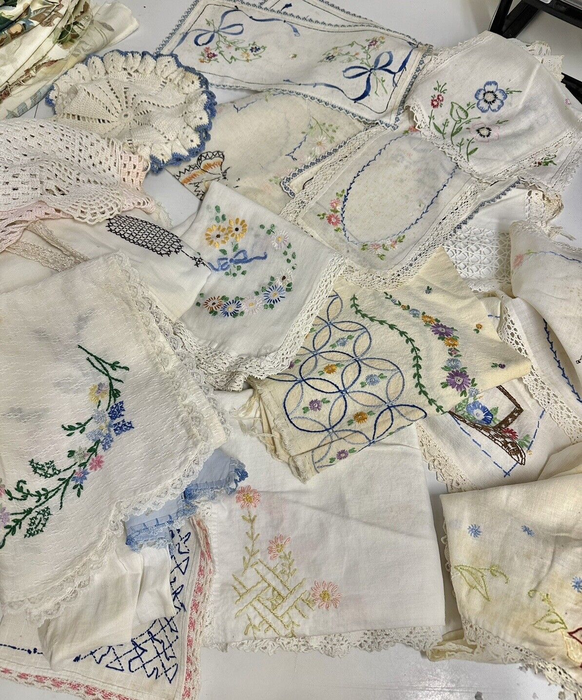 Huge Lot of Vintage Embroidered Hankies, Table Runners, Crochet Doilies