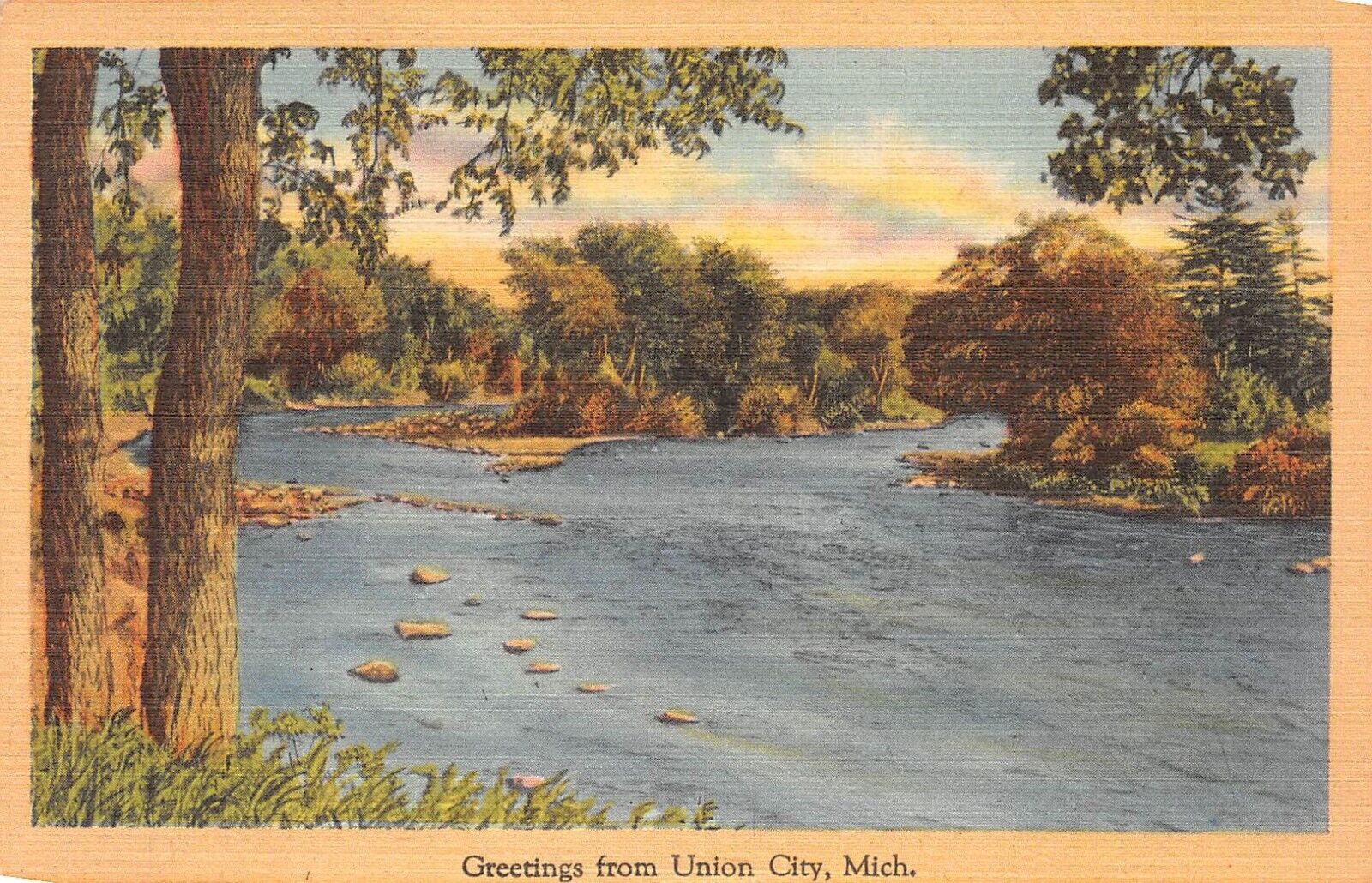 Greetings From Union City Michigan River Scene Linen 1940s Postcard