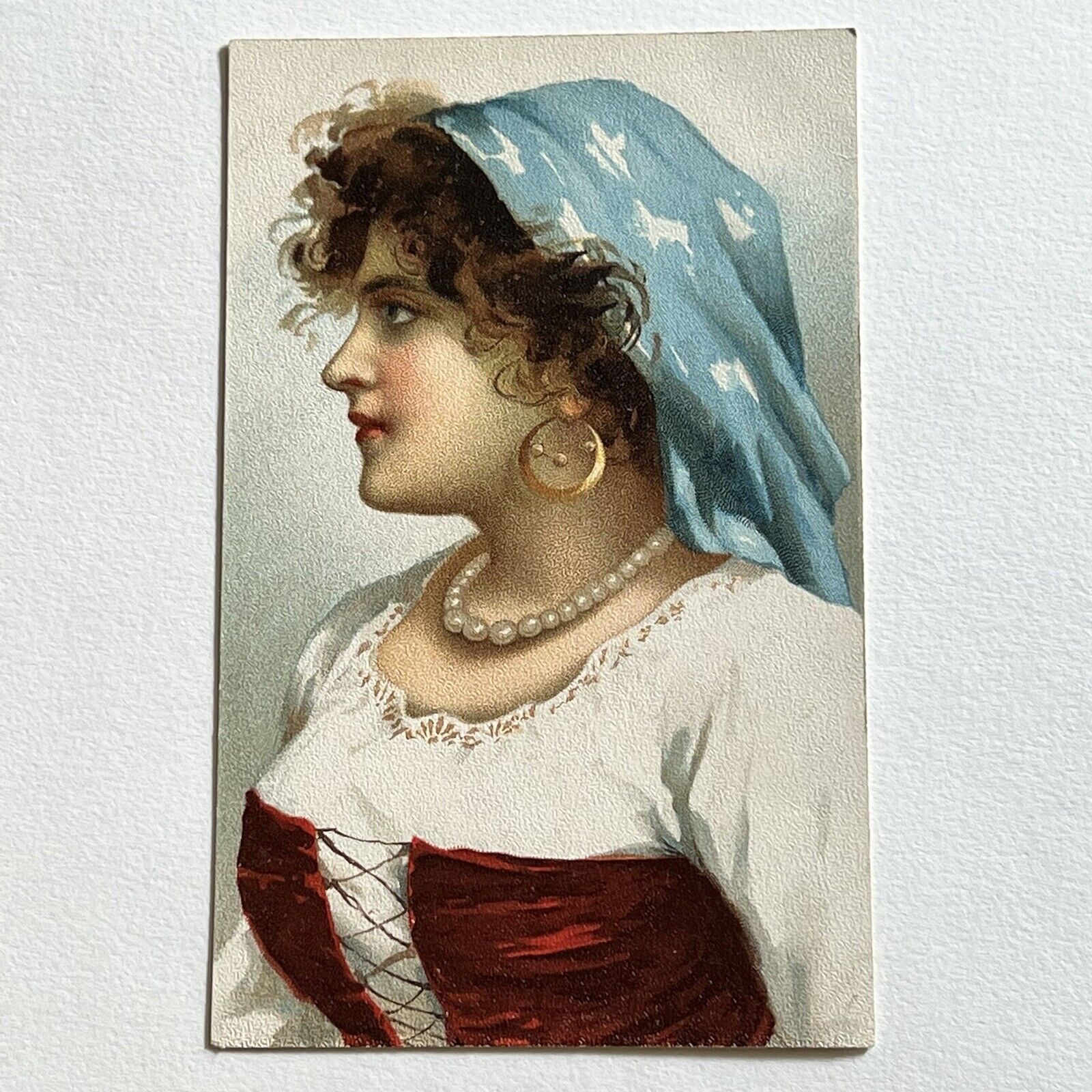 Antique Postcard Gypsy Woman American Patriotic Bandana Stars Red Corset
