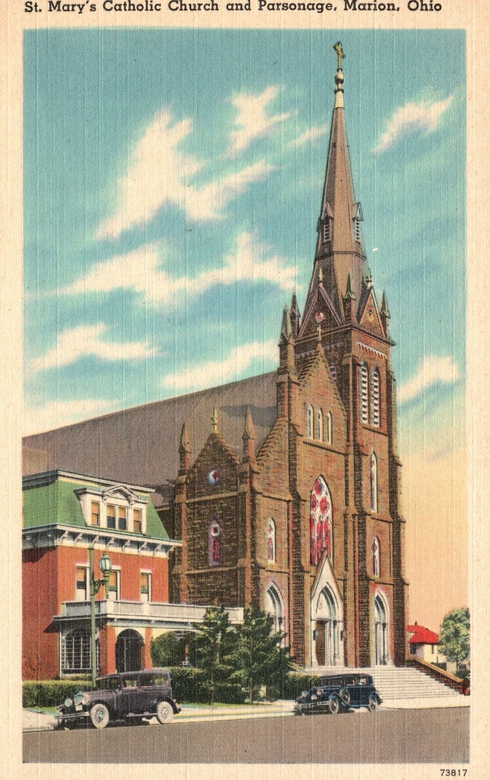 Vintage Postcard 1920's St. Mary's Catholic Church & Parsonage Marion Ohio OH