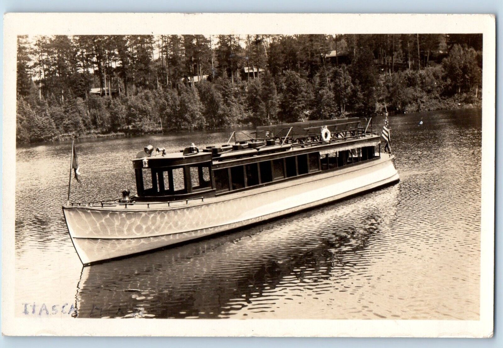 Itasca Lake State Park MN Postcard RPPC Photo Launch On Itasca Lake Boat c1930's