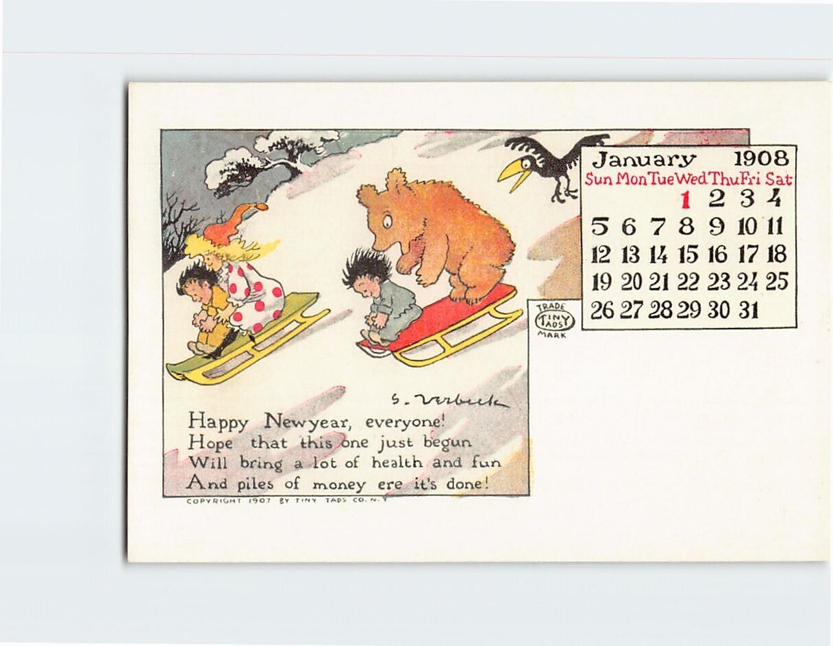 Postcard January 1908 Calendar Kids & Bear Sledding Art Print