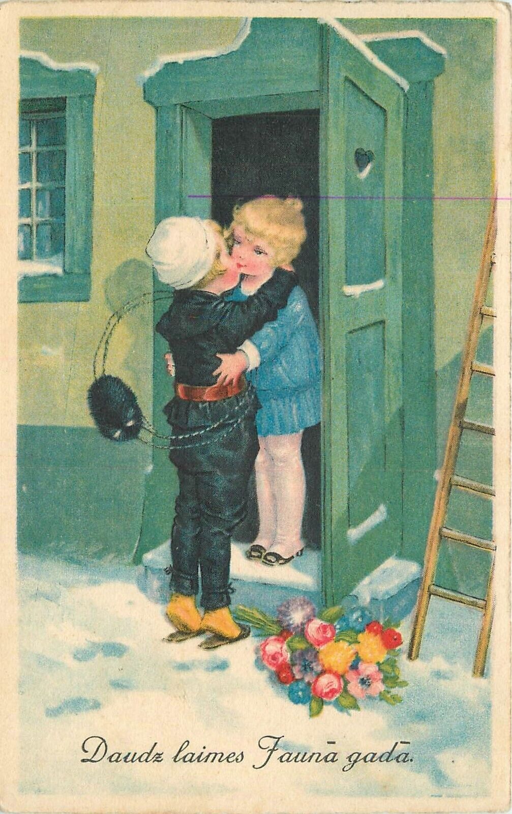 Postcard 1929 Lativa Children kiss romantic art 23-9476