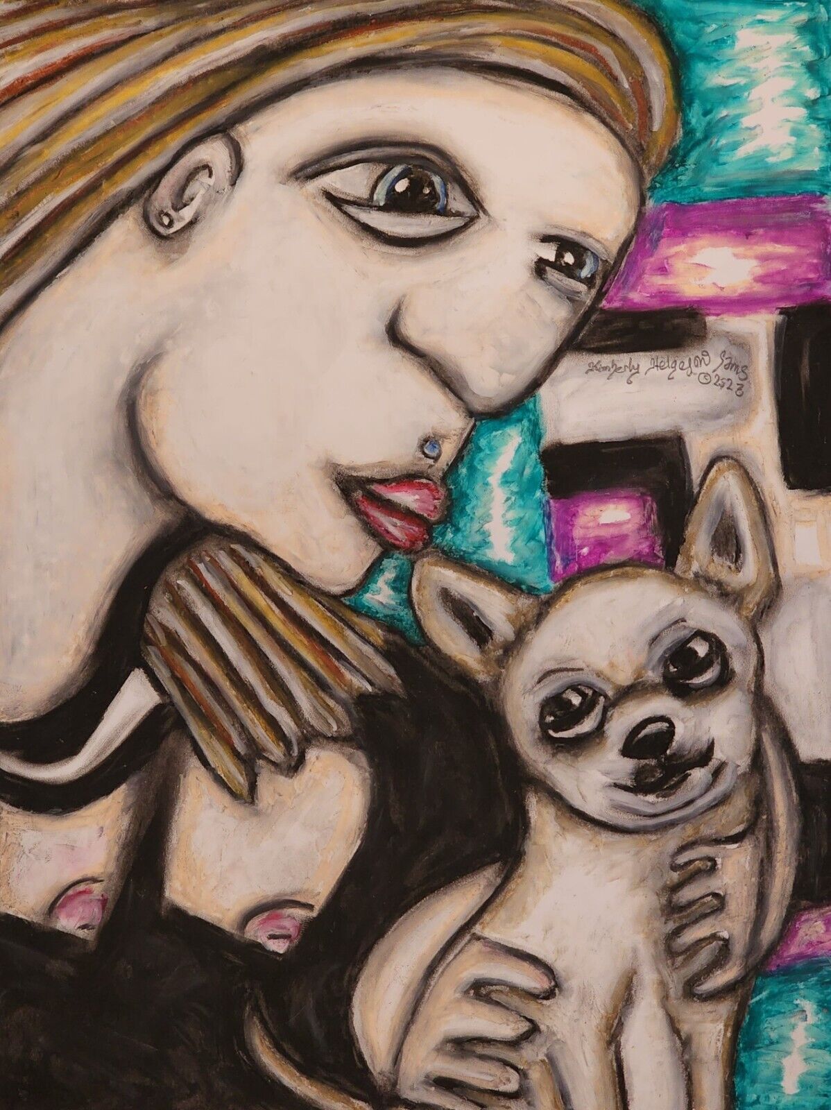 WOMAN and CHIHUAHUA Giclee Art Print 13 x 19 Signed Artist KSams CUBISM ABSTRACT