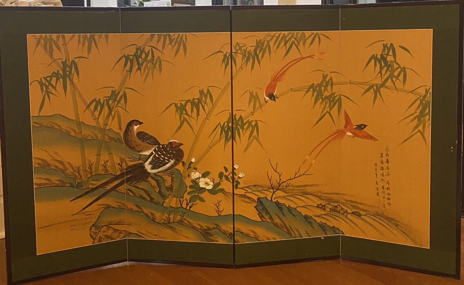 Vintage Asian Hand Painted Room Screen 60”x35”, Love Birds, Signed/Stamped, NICE